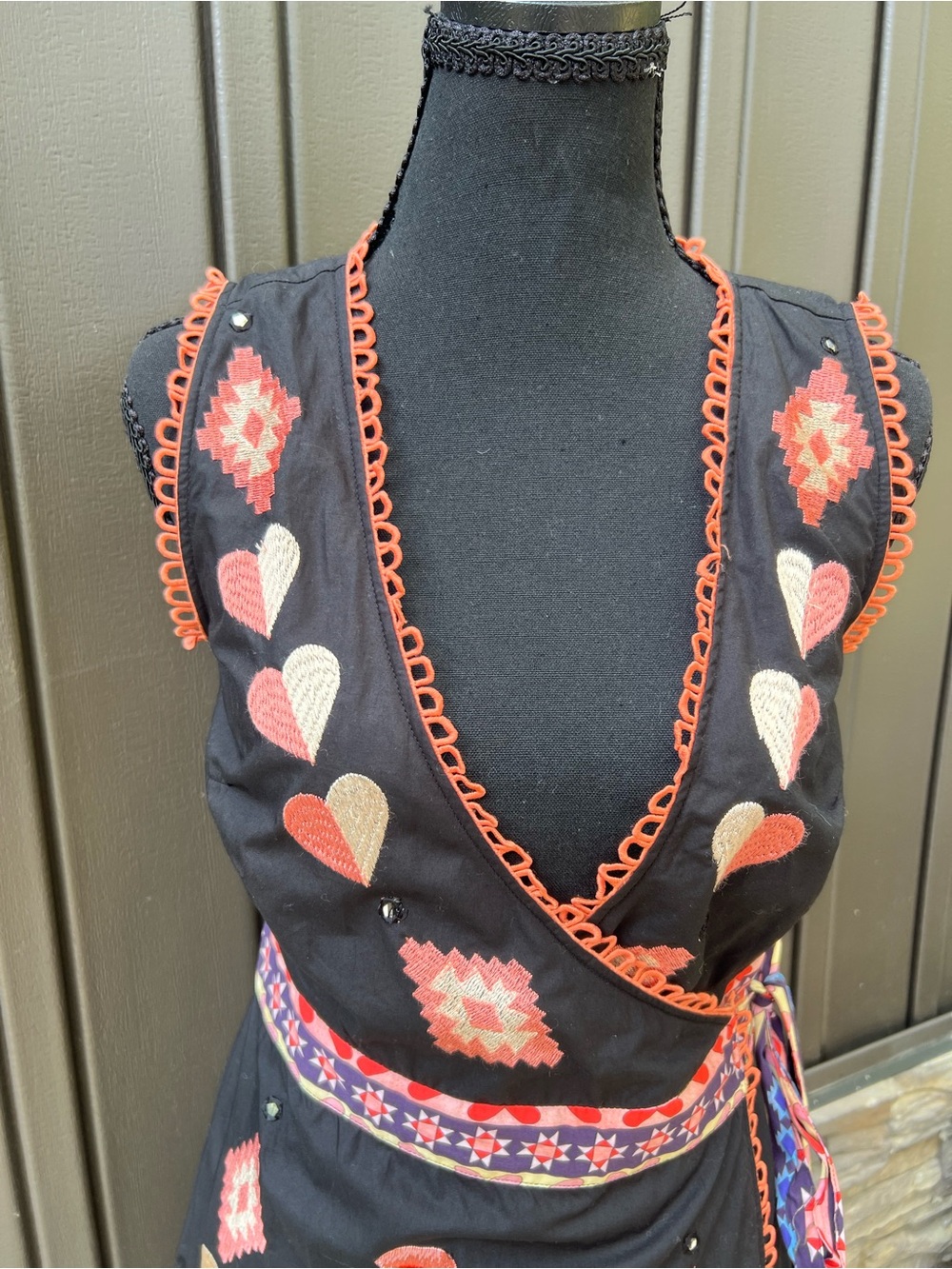 Never Fully Dressed Black Wrap Maxi Dress with Coral and Pink Embroidery - Picture 5 of 10